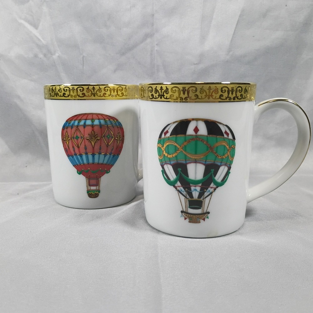 Vintage Royal Gallery Gold Buffet Hot Air Balloon Mugs Set of 2 Porcelain 1991